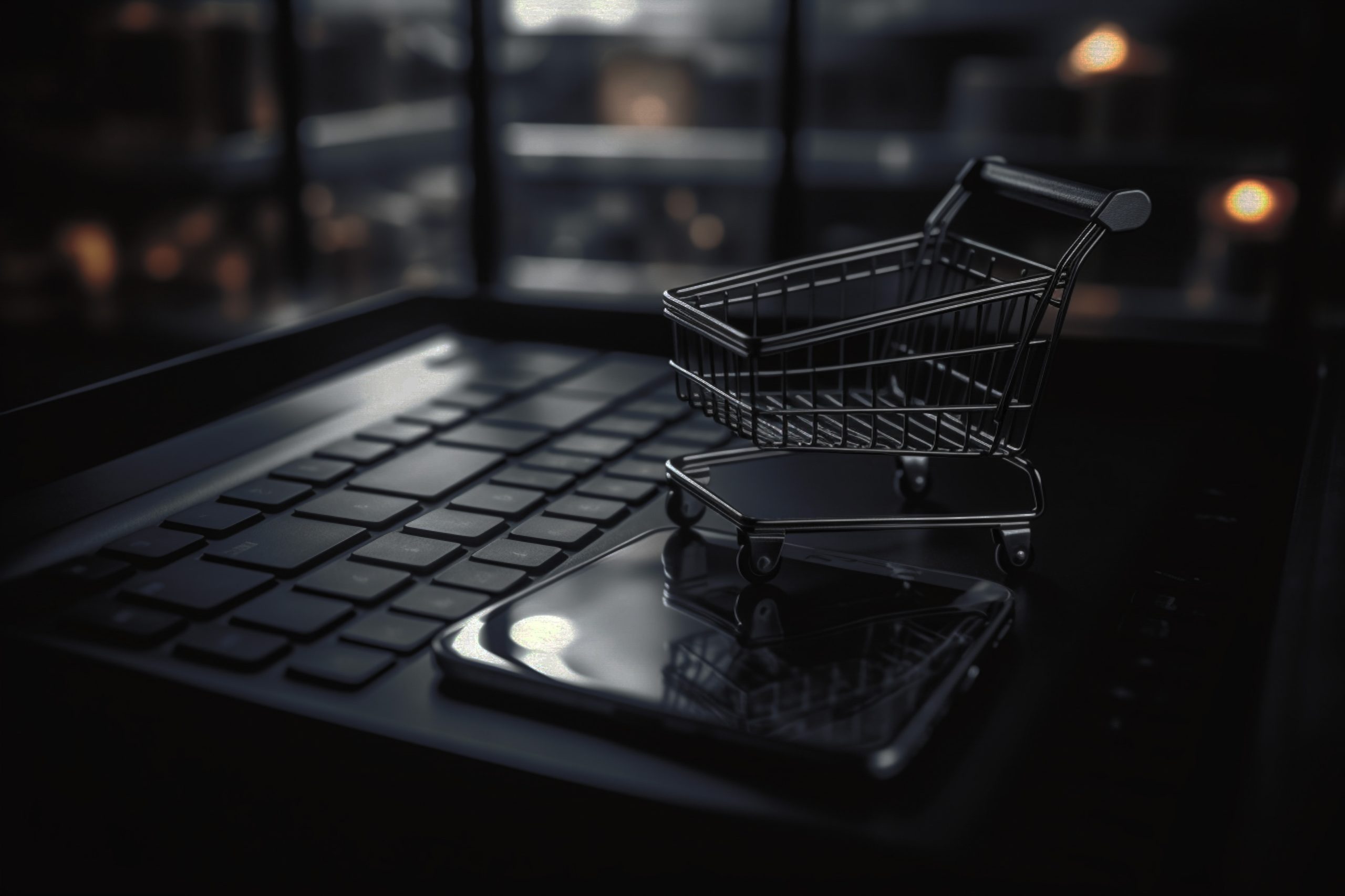 shopping cart sits laptop keyboard with lit window it scaled